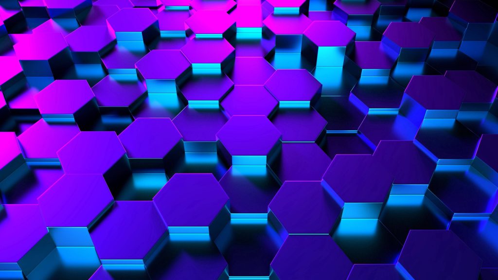 3D CGI honeycomb wallpaper with metallic hex pillars glowing in purple blue neon pink gradients