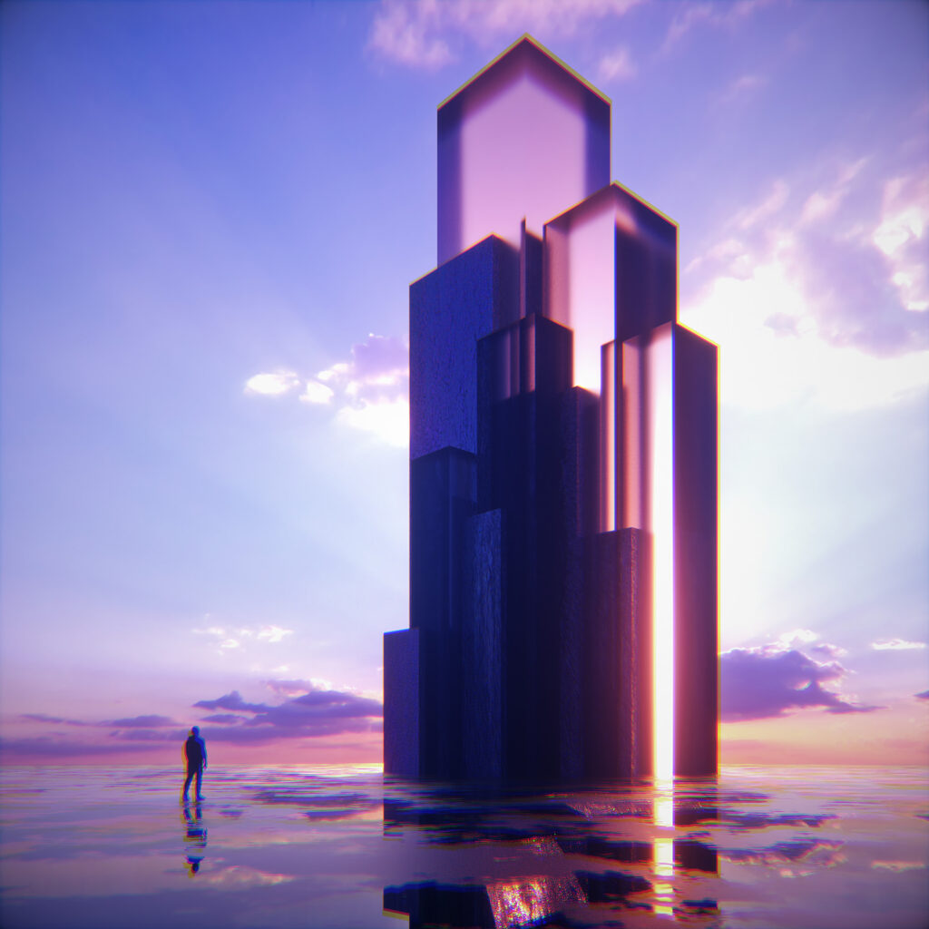 Futuristic 3D Building Silhouette Wallpaper in Purple & Blue