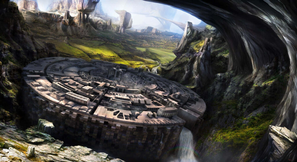 Futuristic 3D City Wallpaper in a Serene Mountain Valley