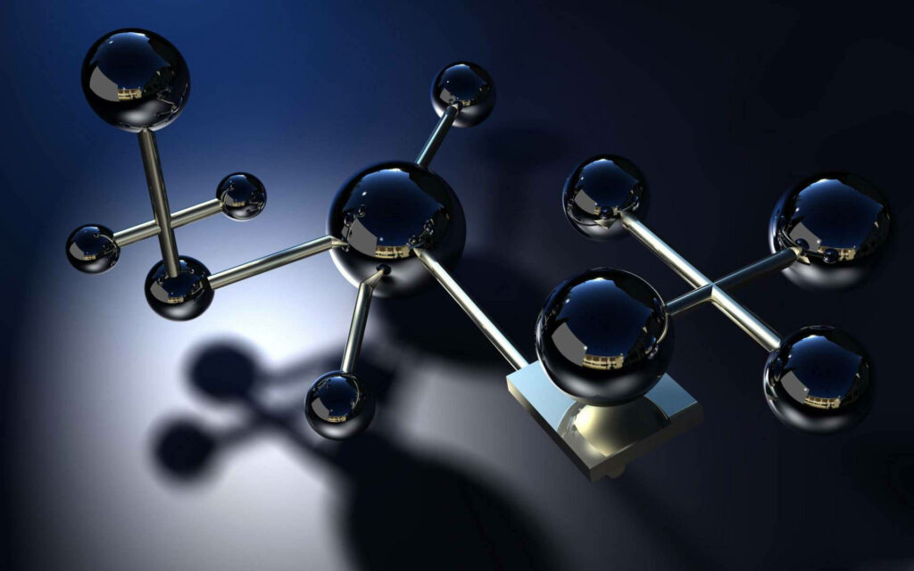 3D molecular structure with reflective black spheres and metallic bonds on dark background Wallpaper