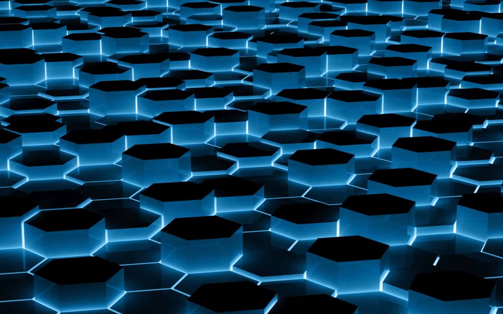 Futuristic 3D black hexagonal pillars with glowing neon blue edges abstract geometric background Wallpaper