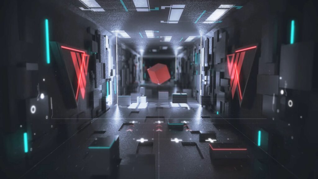 Futuristic Neon 3840x2160 Wallpaper: Red Cube in Metallic Corridor
