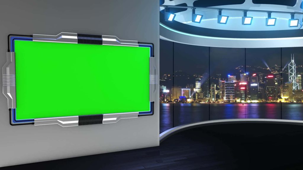 3D news studio background with Hong Kong night skyline and Bank of China Tower view Wallpaper