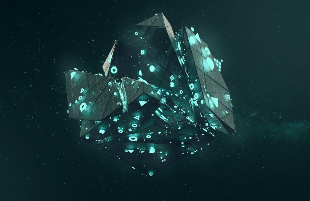 Futuristic 3D Polyhedron Wallpaper with Neon Symbols on Dark Background