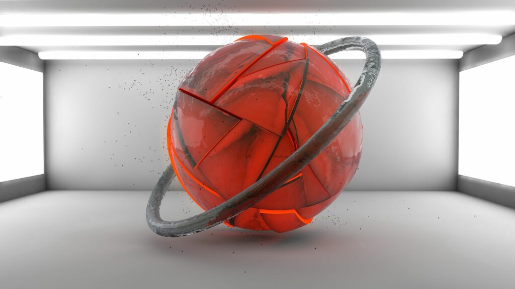 3D Stone Sphere Wallpaper: Red Accents & Metallic Ring Design