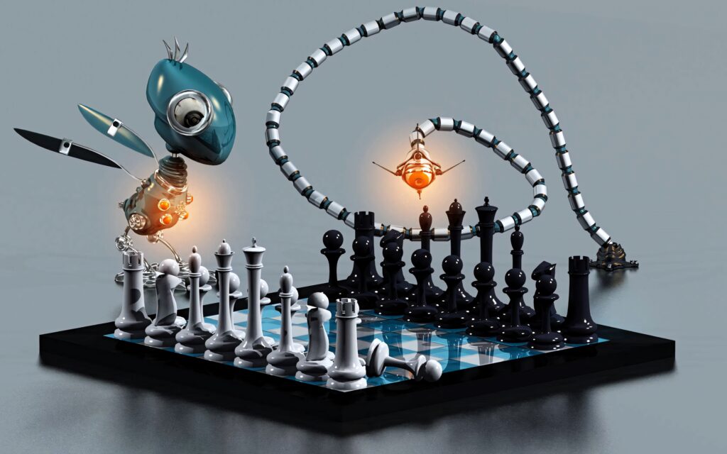 Futuristic 3D robotic chess game with glowing metallic pieces on reflective minimalistic board Wallpaper