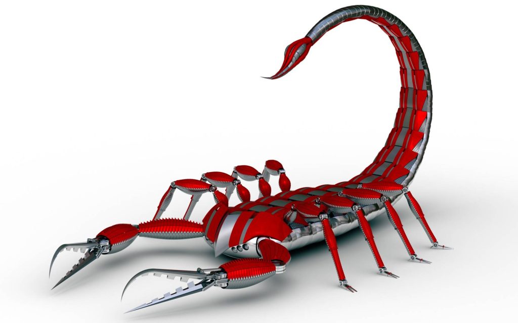 Futuristic 3D robotic scorpion with red armor and metallic joints on white background wallpaper