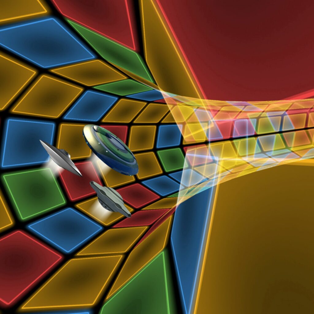 Futuristic 3D Wallpaper: Spaceships in a Colorful Geometric Tunnel