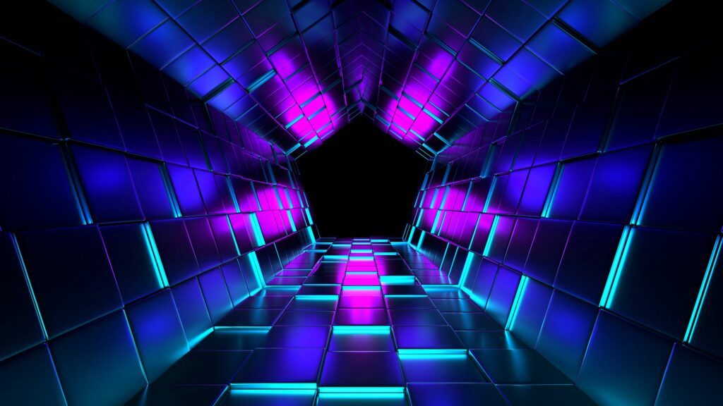 Futuristic 3D Tunnel Wallpaper: Vibrant Purple & Blue Geometry