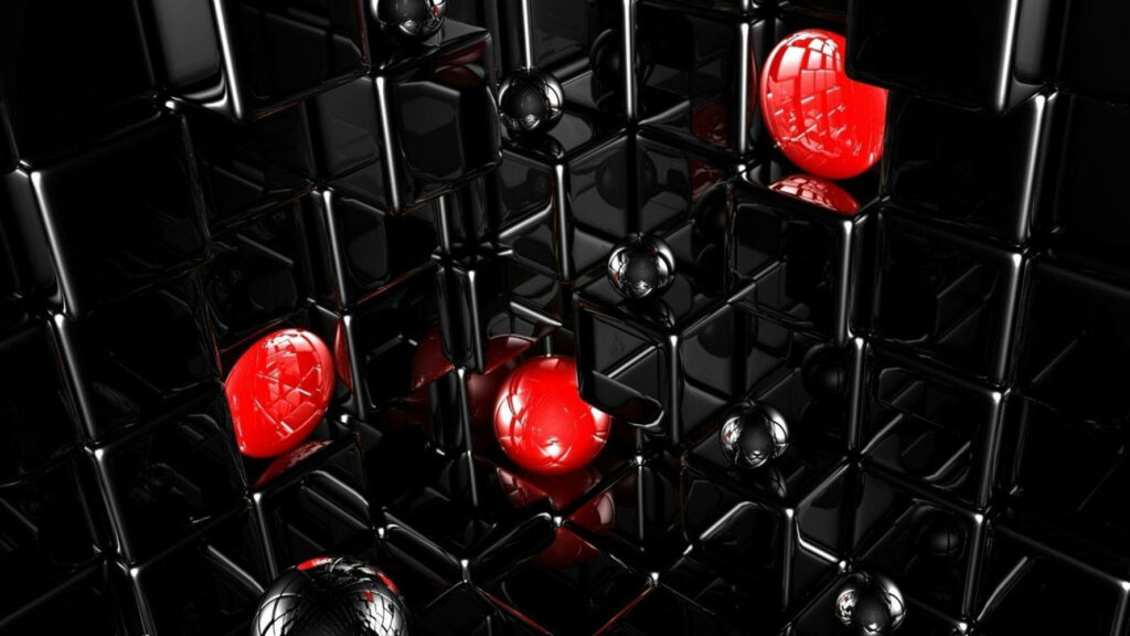 Futuristic 3D Wallpaper: Black Tile Grid with Red Textured Spheres
