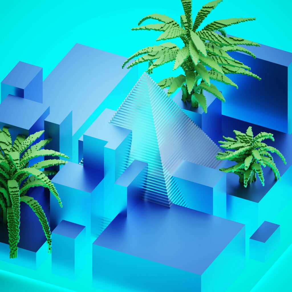 Futuristic 3D Wallpaper: Blue Pyramid with Cubes & Palm Trees