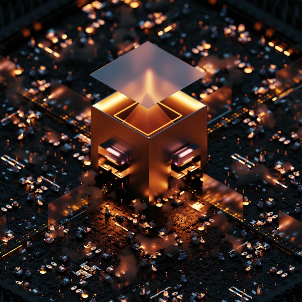 Futuristic 3D Geometric Wallpaper - Glowing Metallic Cityscape