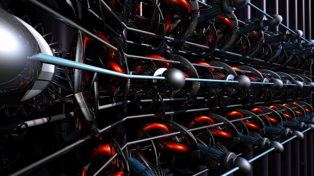 Futuristic 3D Mechanism Wallpaper: Metallic & Red Elements, High-Res