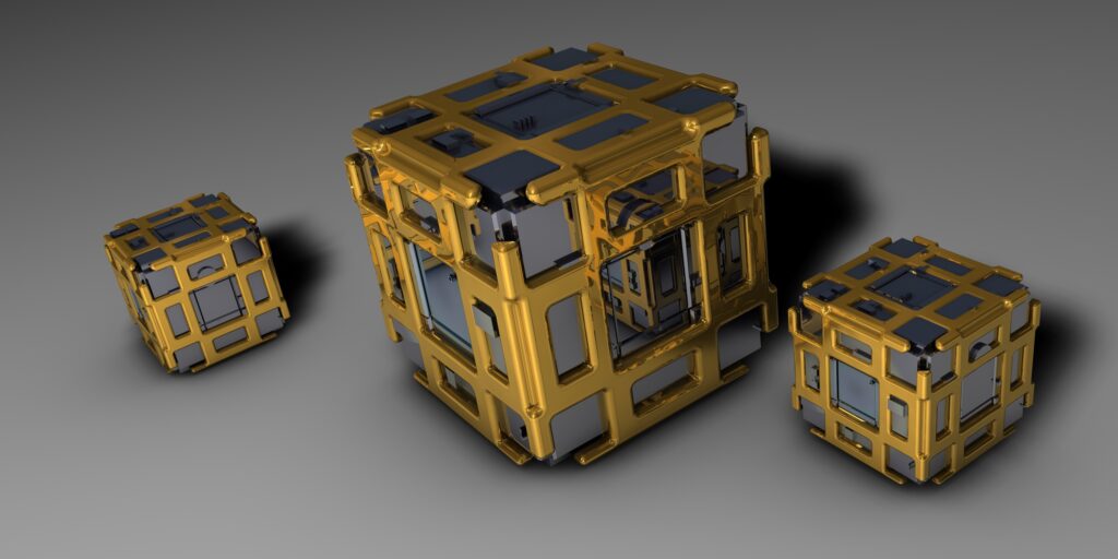 Futuristic 3D Wallpaper: Metallic Gold Cubes on Gradient Background