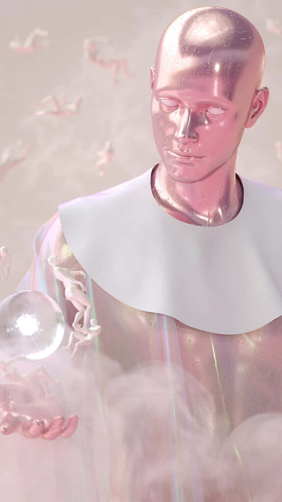 Futuristic 3D Figure with Metallic Pink Finish & Ethereal Background Wallpaper