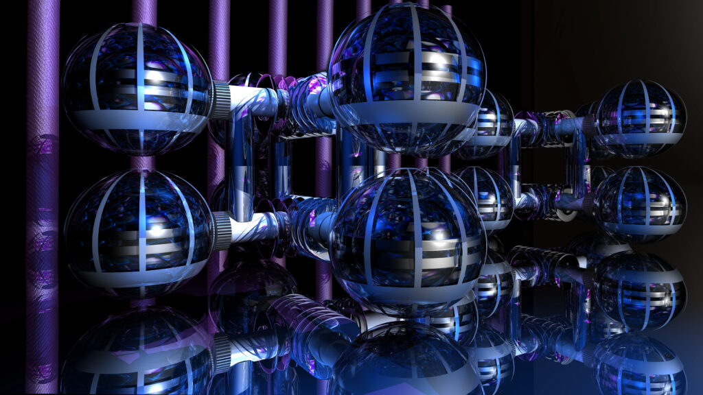 Futuristic 3D Wallpaper: Interconnected Spherical Capsules in Blue & Purple