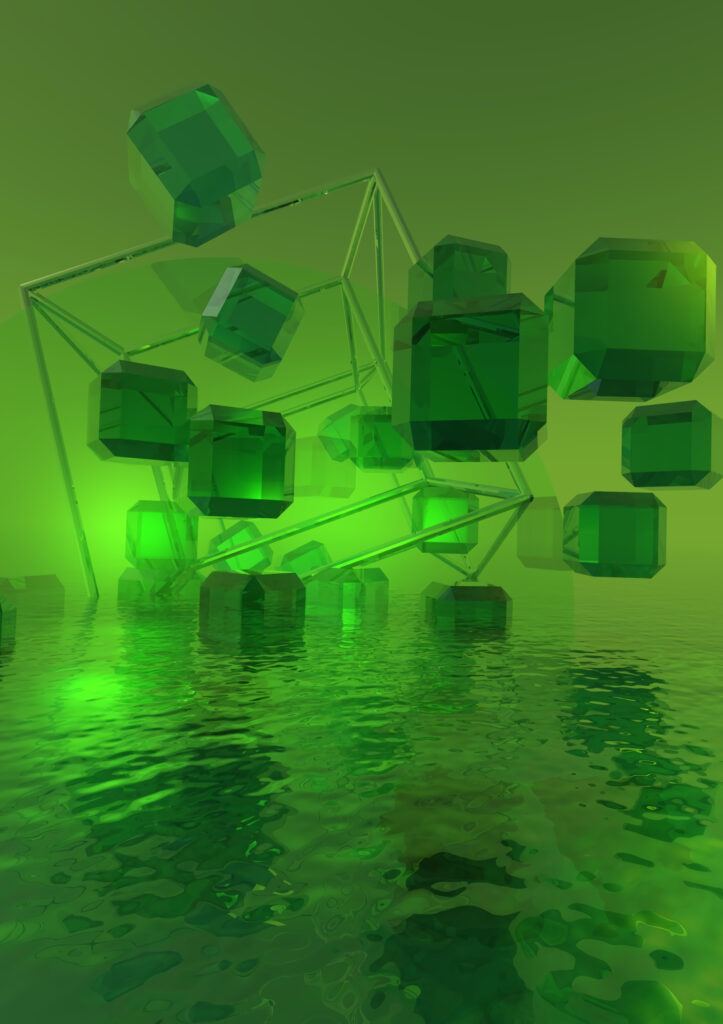 Futuristic 3D Wallpaper: Green Cubes and Crystals Over Reflective Water