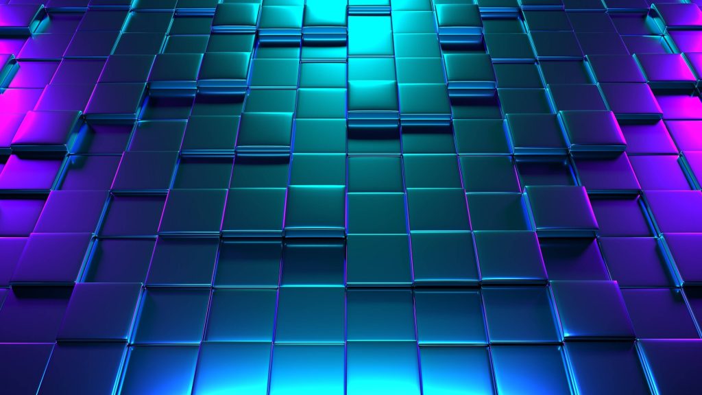 4D geometric cuboid wallpaper with 3D digital grid metallic blocks neon cyan purple lighting background