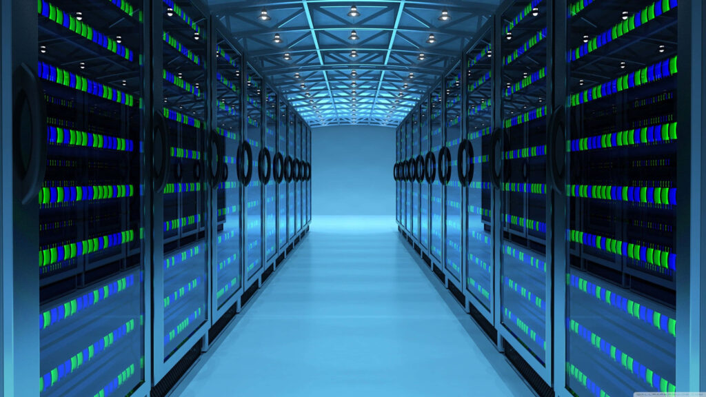 4k data center wallpaper with sleek server racks glowing blue green LEDs futuristic tech design