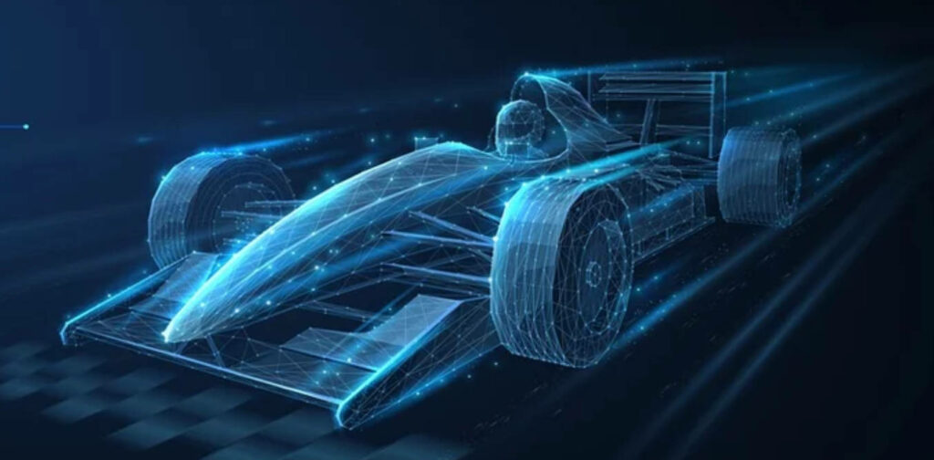 Futuristic 4K digital wireframe Formula 1 car glowing neon blue racing in virtual environment Wallpaper