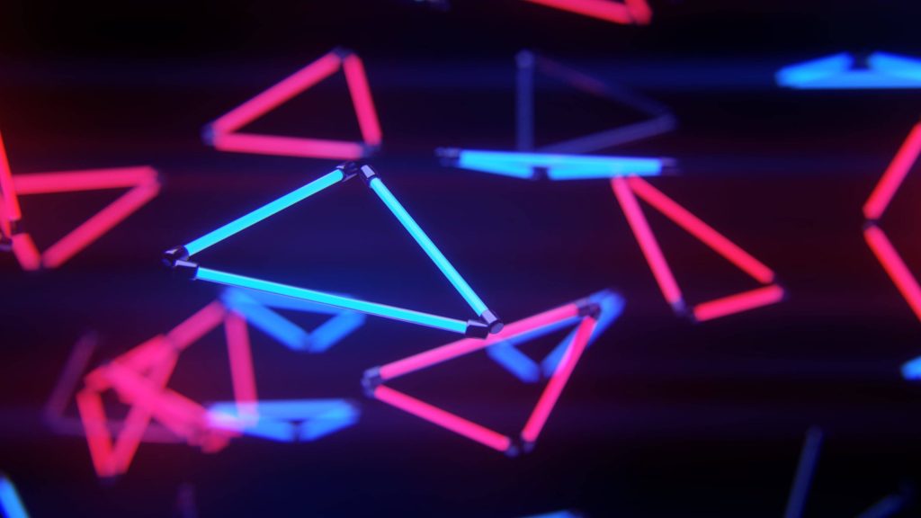 4K digital art wallpaper with glowing neon blue and red triangular LED frames in dark void