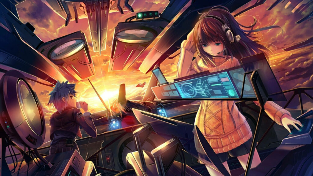 Vibrant 8K Futuristic Anime Wallpaper: Airship Adventure at Sunset
