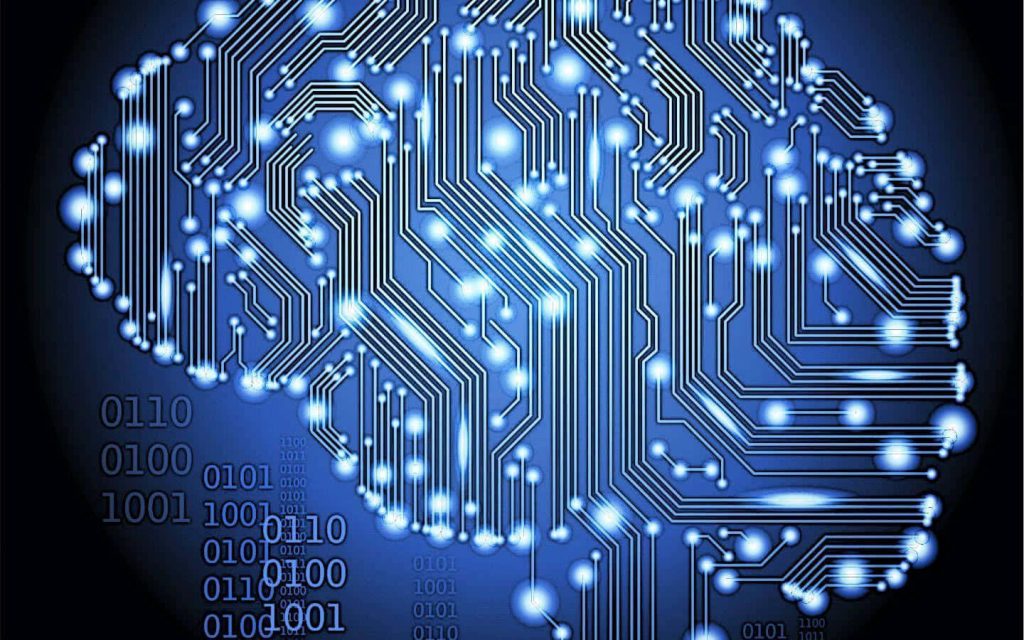Futuristic AI brain with glowing circuit pathways on blue binary code background digital art Wallpaper