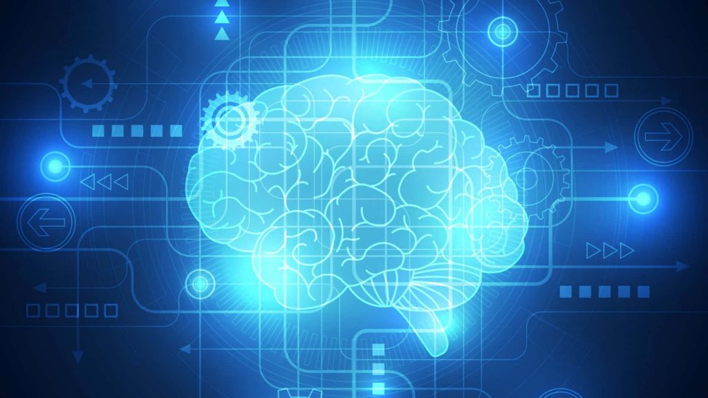 Futuristic AI wallpaper with glowing blue brain and digital gears circuit lines advanced tech background