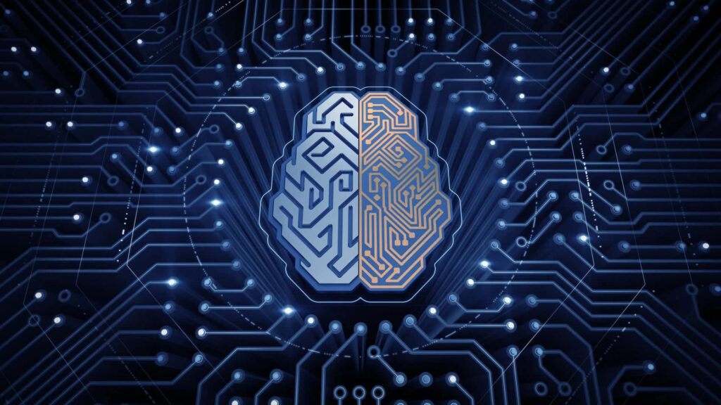 Futuristic AI Brain Wallpaper: Split Digital Design with Circuits
