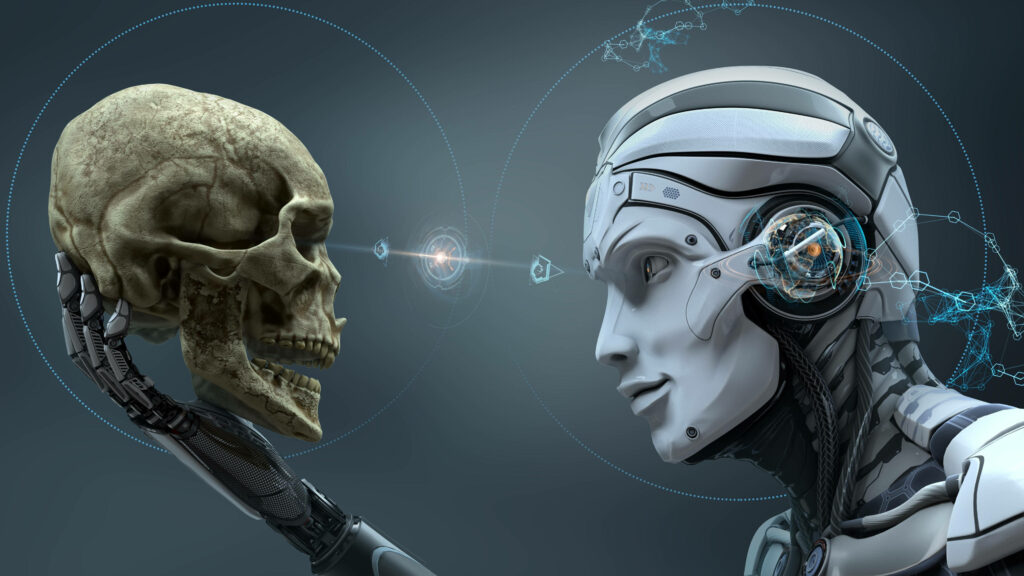 Futuristic AI Character Analyzing Human Skull: Tech-Inspired Wallpaper