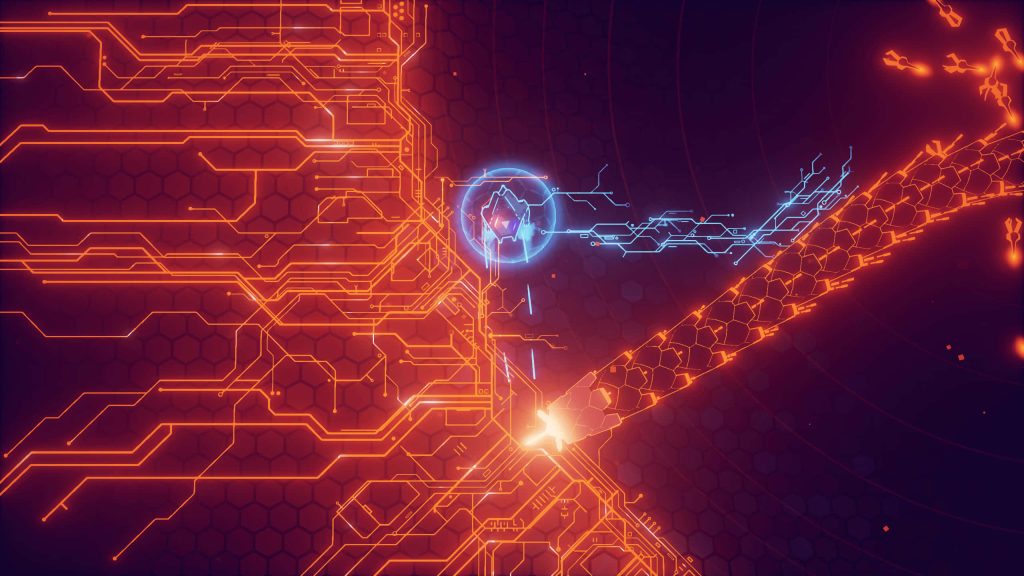 Futuristic AI wallpaper with vibrant orange circuits and glowing blue node on purple hex background