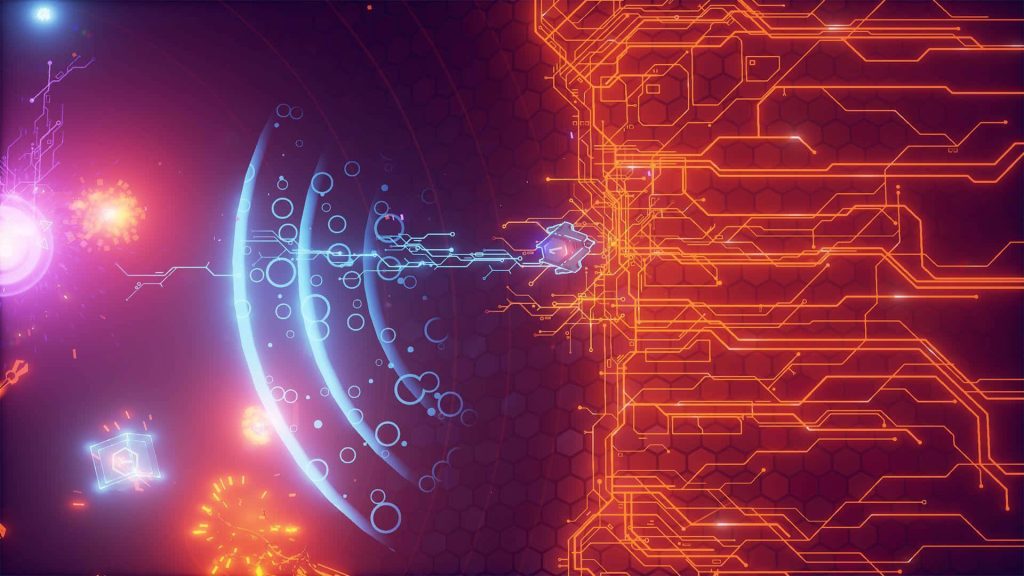 Futuristic digital art with glowing blue data waves and orange circuitry on purple background Wallpaper