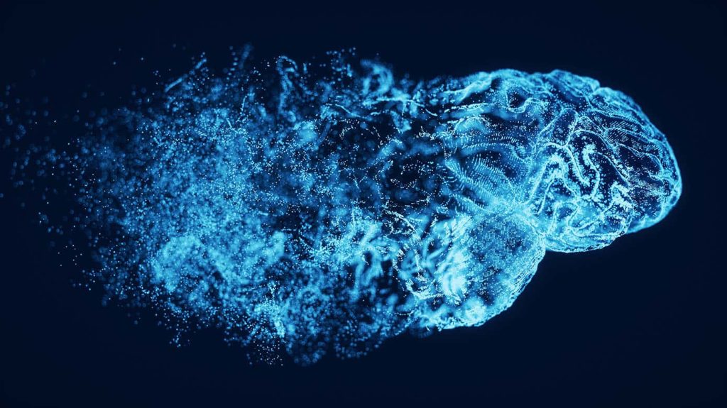 Futuristic AI wallpaper of glowing blue digital brain particles with neural network effects on dark background