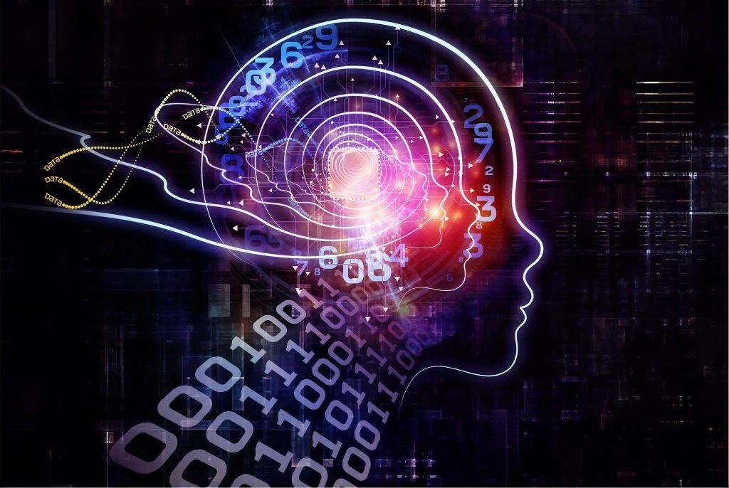 Futuristic AI wallpaper glowing human silhouette digital core binary code abstract circuits background