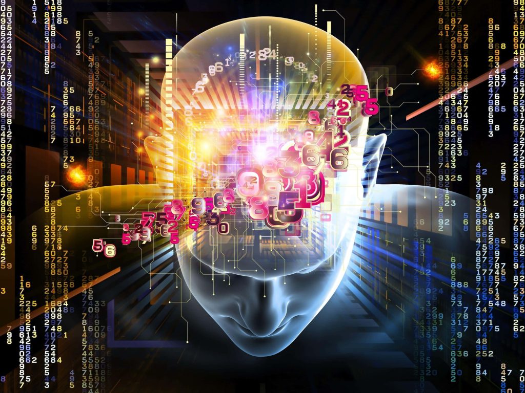 Futuristic AI digital human head with glowing circuitry and floating 3D numbers on dark tech background Wallpaper