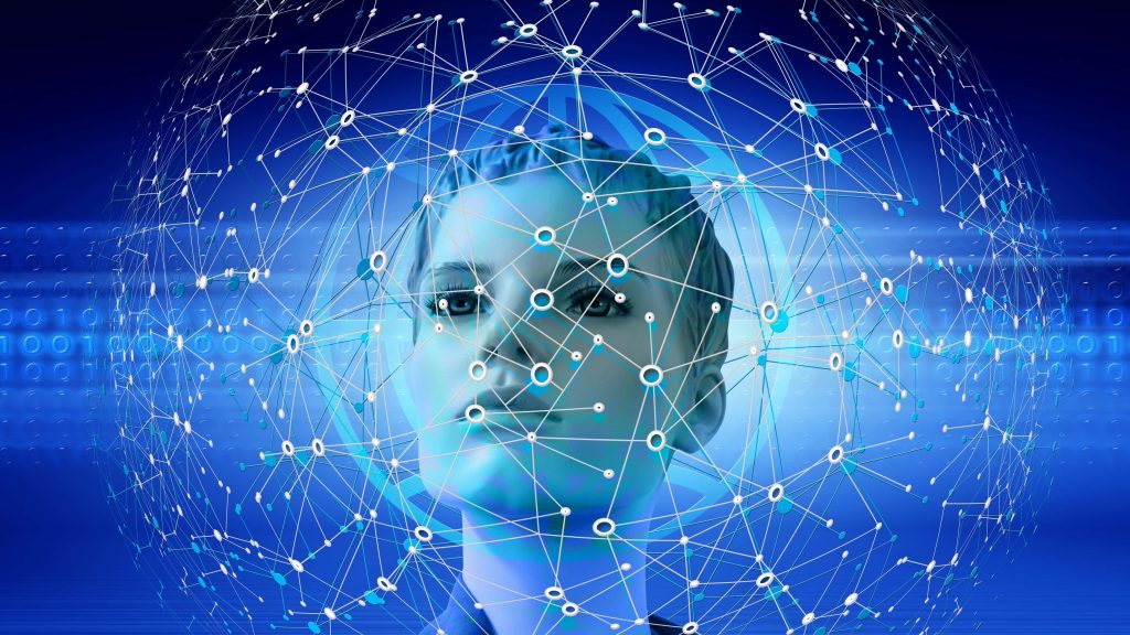 Futuristic AI digital mannequin head in glowing geometric network sphere with binary code background Wallpaper