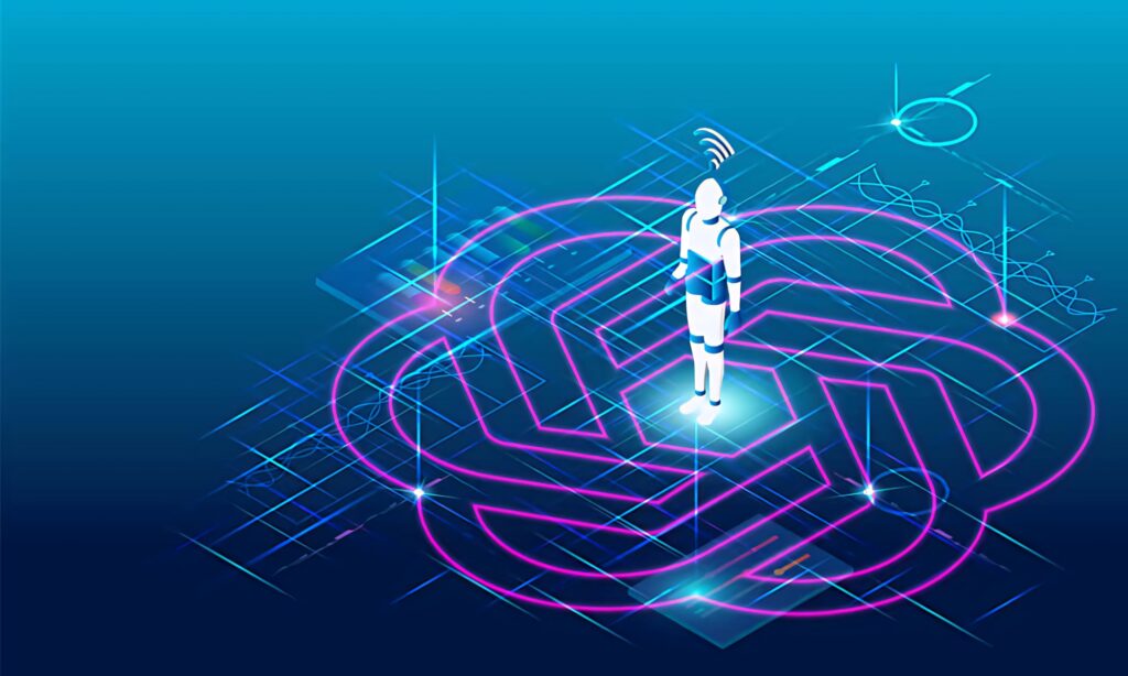Futuristic humanoid glowing in neon neural network AI wallpaper with blue tech geometric background