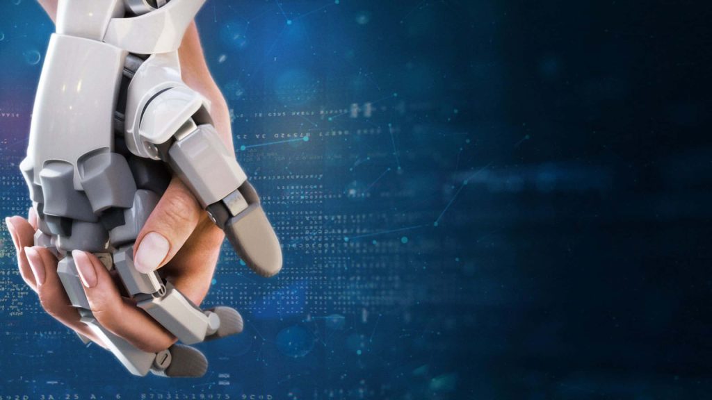 Futuristic CGI wallpaper of white AI robot hand holding human hand with digital code background