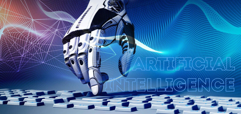 Futuristic AI Robot Hand Keyboard Wallpaper | Vibrant Tech Design