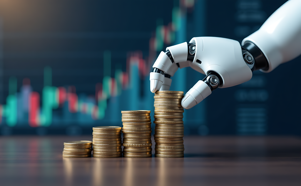White robotic hand stacking gold coins with blurred stock market chart background digital art Wallpaper