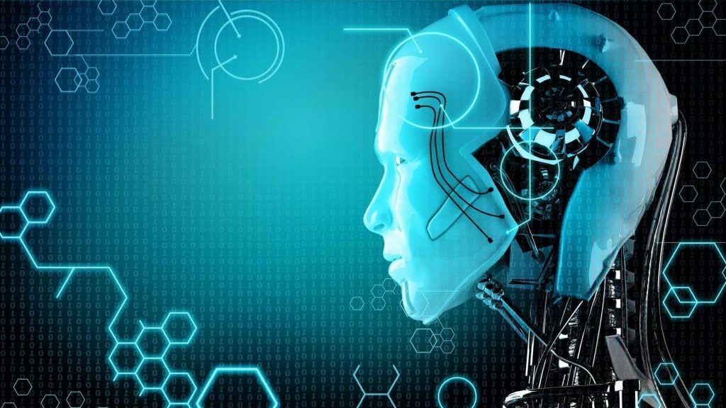 Futuristic humanoid robot head profile with blue binary code and glowing circuit network background Wallpaper