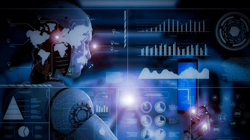 Futuristic AI Robot Wallpaper: Digital Data & Technology Visuals