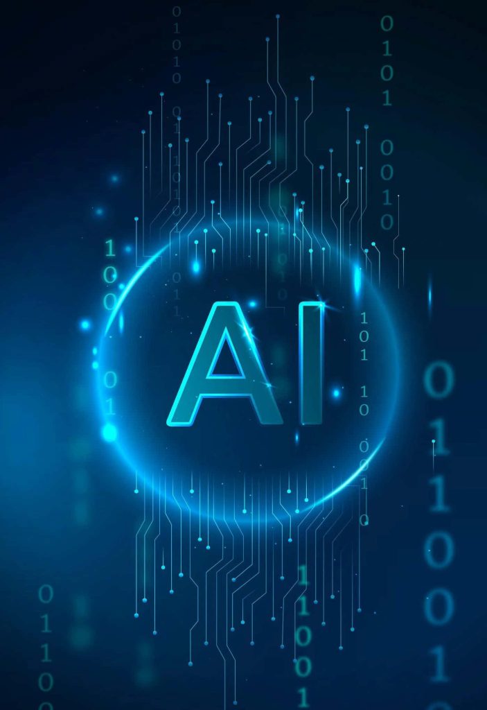 Futuristic glowing AI typography with blue circuit board and binary code digital wallpaper background