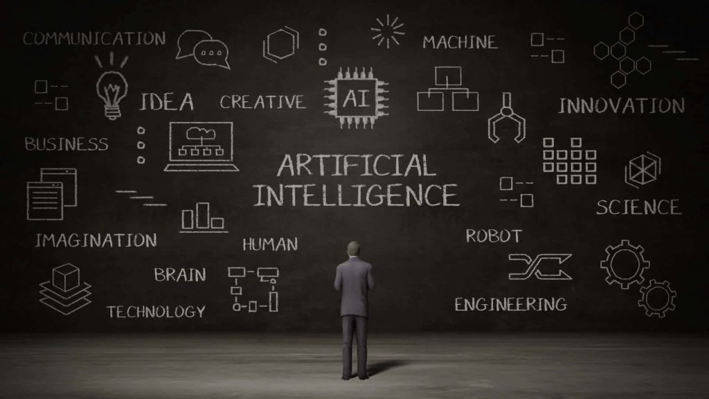 Businessman analyzes AI concepts on chalkboard wall futuristic machine learning innovation wallpaper