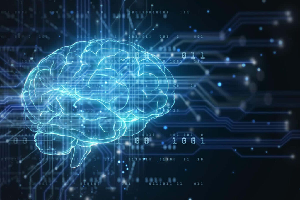 Futuristic AI Wallpaper: Glowing Digital Brain & Circuit Patterns