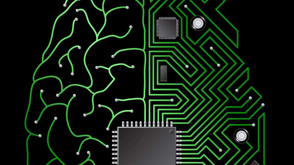 Futuristic brain split into neural pathways and circuit boards glowing green on black background Wallpaper