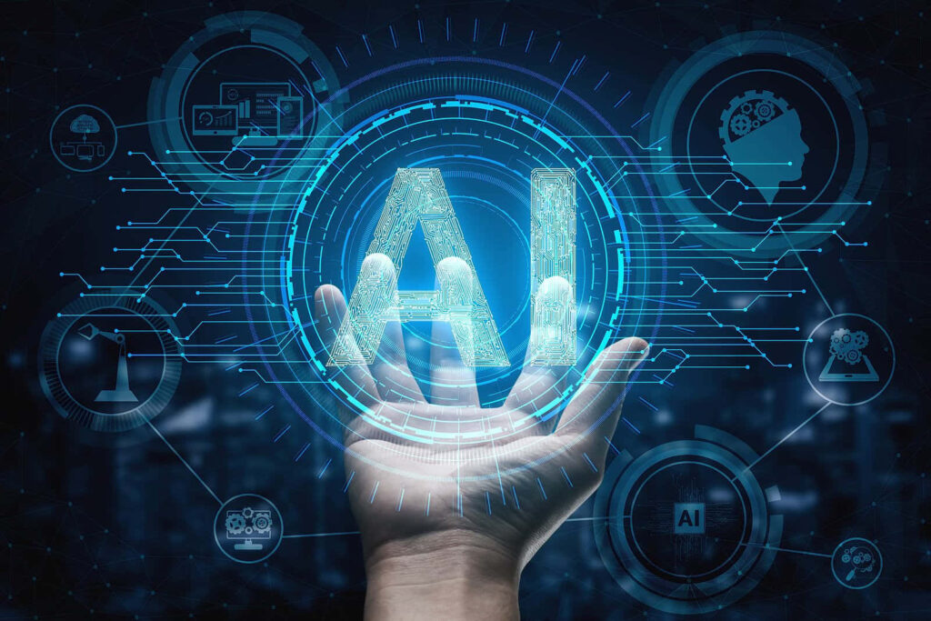 Futuristic AI Wallpaper: Hand Holding Glowing AI Letters & Tech Icons