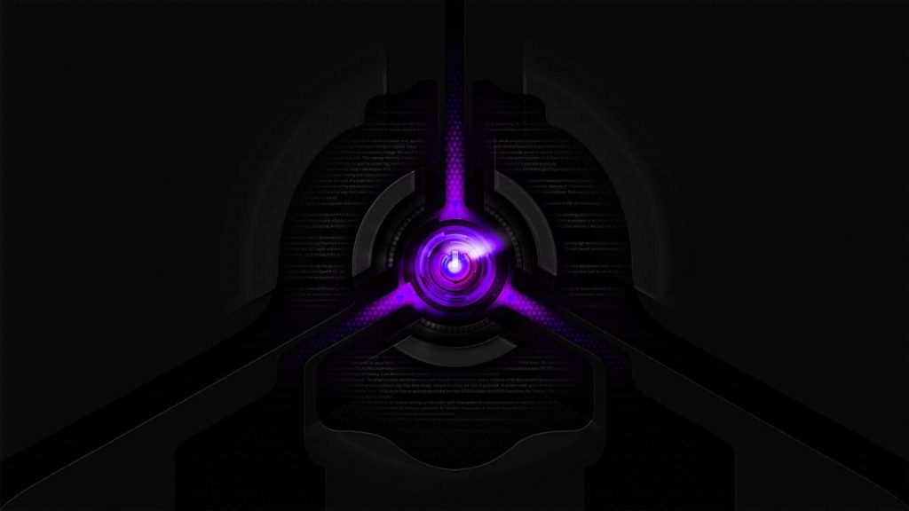 Futuristic AI wallpaper glowing purple core neon light beam dark background technical text