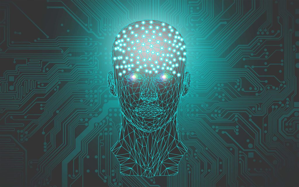 Stylized wireframe human head with glowing neural network brain on teal circuit board background Wallpaper
