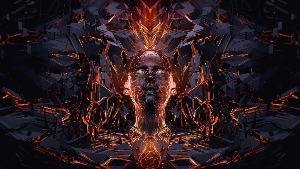 Futuristic AI wireframe humanoid bust with glowing orange neon in dark cyberspace background Wallpaper